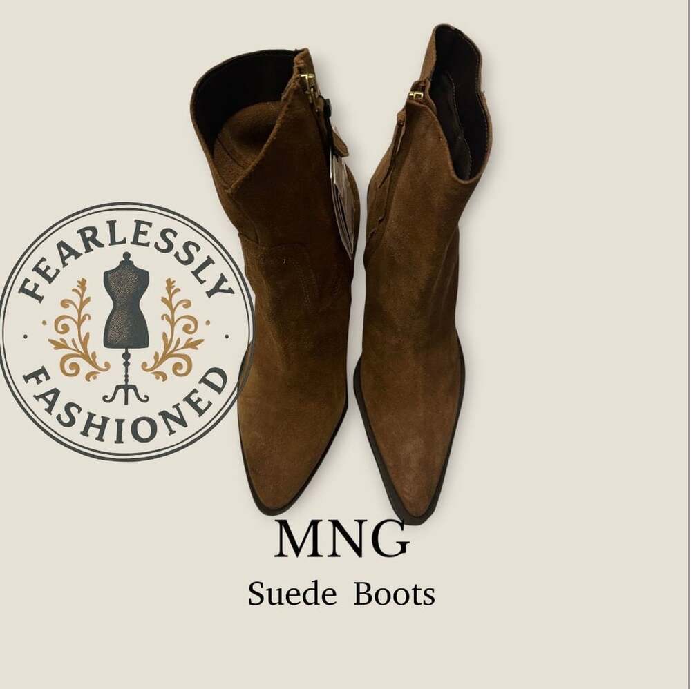 MNG Mango Suede Pointed-Toe Block Heel Ankle Boots Size 40